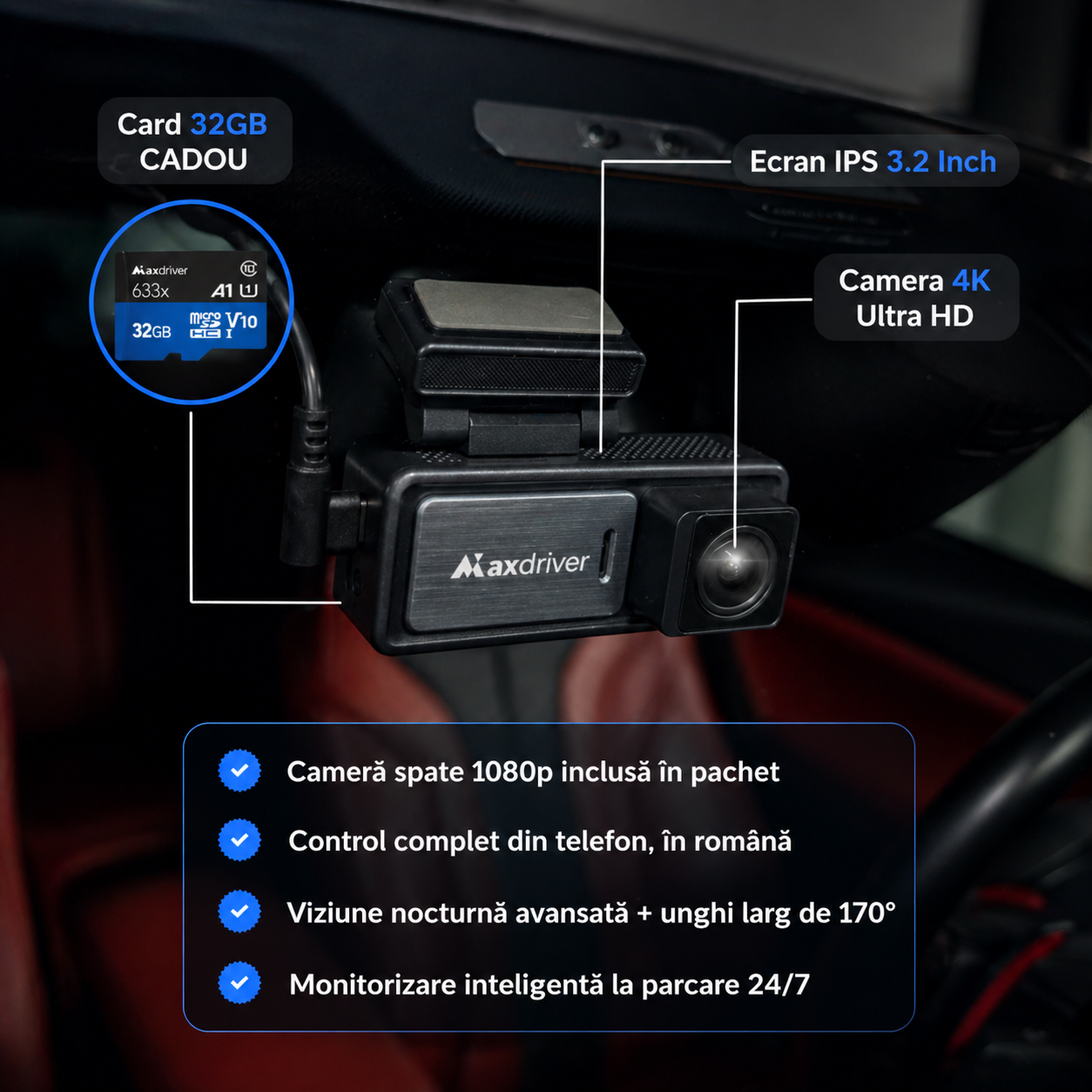 Camera Auto DVR MAXDRIVER® VISION 4K + Camera Spate Full HD